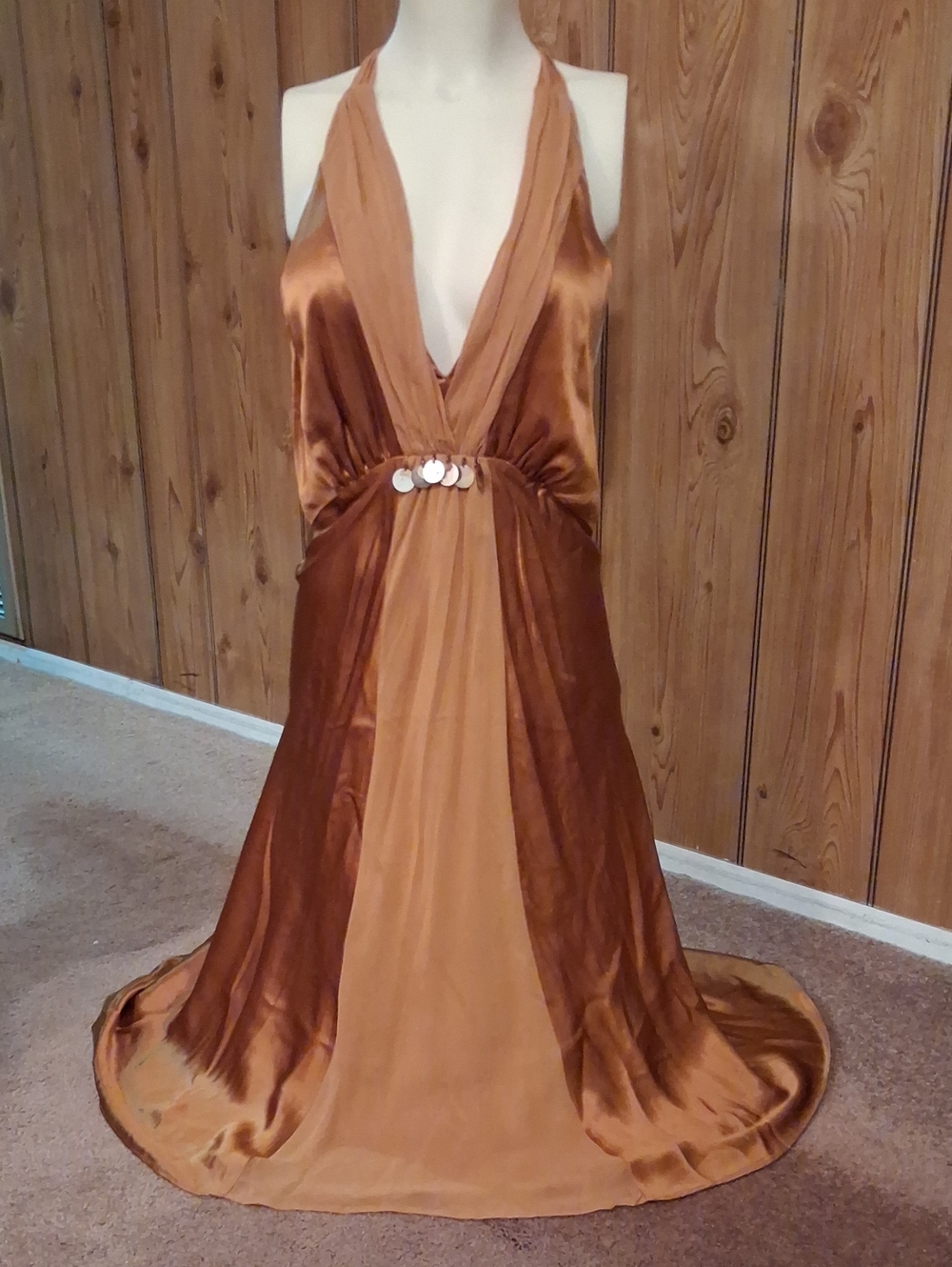 Donna Ricco Y2K 100% Silk Halter Maxi Dress Bronze Copper Goddess